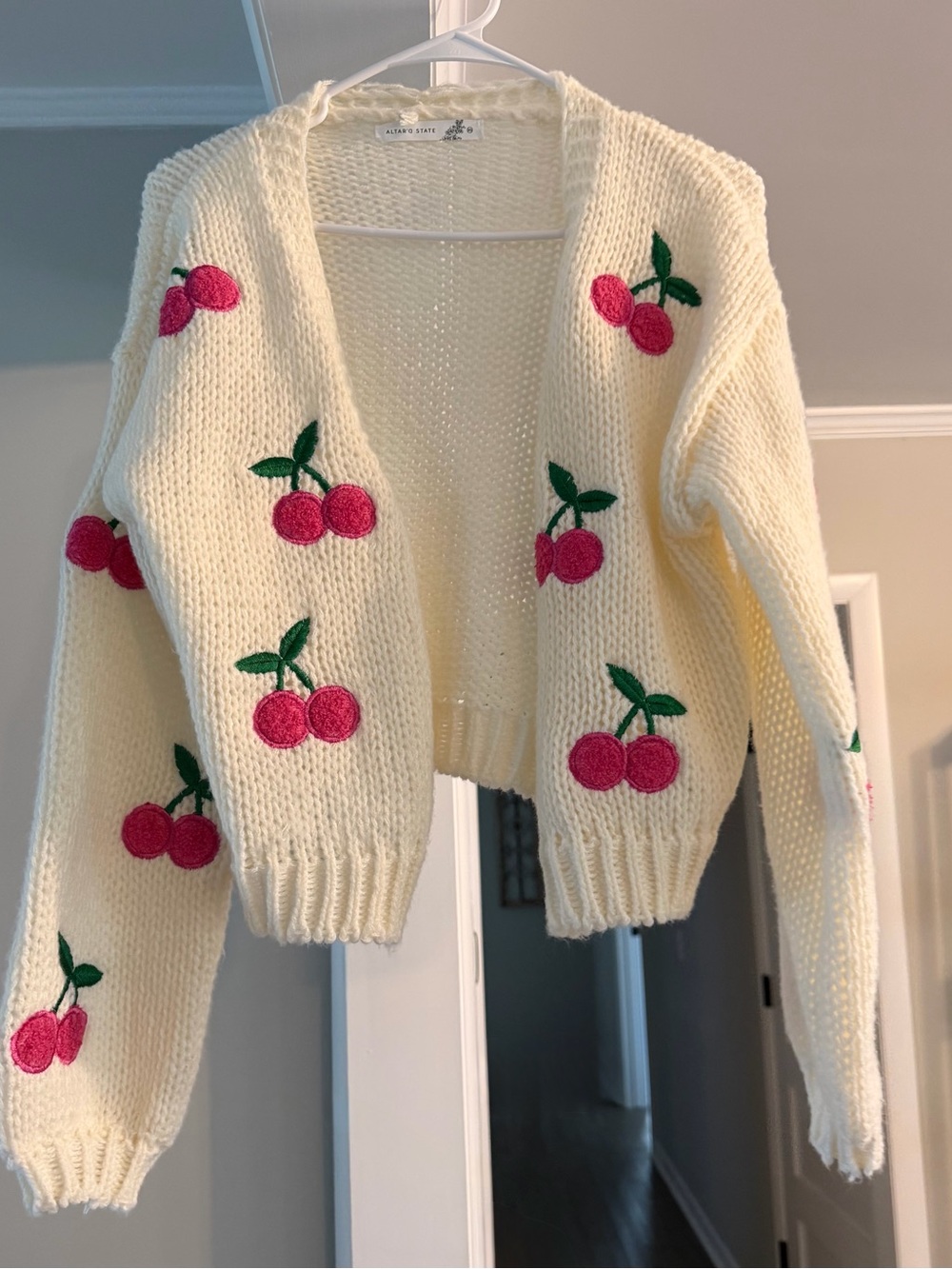 Altar'd State Cream Knit Cardigan with Pink Cherry Embroidery Size XS